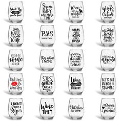 twelve wine glasses with different sayings on the bottom, one is red and one is white