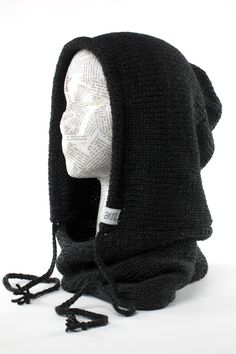 verse-hooded-cowl-black Winter Knit Bonnet, One Size Fits Most, Winter Knit Bonnet One Size, Cozy Adjustable Winter Bonnet, Winter Knit Bonnet, Cozy Knit Bonnet, Winter Knit Cap Bonnet, Casual Hand Knitted Bonnet For Fall, Casual Knitted Hats For Winter Sports, Casual Full Face Warm Hat