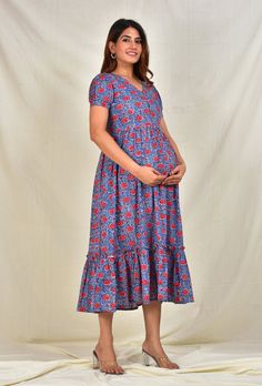 Printed Maternity Dress With Breast Feeding Zip Labour Delivery Hospital Gown Floral Print Cotton Pregnancy Kurtis Gift For Her. Printed Maternity Dress. Suitable During Pregnancy and Postpartum. With Concealed Zip for Ease in Nursing. Skin and Baby Safe Fabric. 100% Cotton Fabric.  Size--XS, S, M, L, XL, 2XL, 3XL, 4XL, 5XL, 6XL. Length - 48 Inches. Comfortable Fit. Hand block Print Fabric.  Customisation Can be Done.  Wash Care :  Do Not Soak or Tumble Dry. Cold Water Wash Using Mild Detergent. Dry in Shade. Use Warm Iron. All Items are Nicely Packaged. We Accept all Type of Custom Orders. For Custom Orders, Kindly What's App us on +91 98293 85881. NOTE: The Color of Images Shown above may Slightly vary due to Flash Light and Camera-Resolution. International Buyers are Responsible for the Red V-neck Maternity Dress, Bump Friendly Short Sleeve Maternity Dress, Bump-friendly Short Sleeve Maternity Dress, Bump Friendly Maternity Dress With Short Sleeves, Maternity Dresses With Short Sleeves, Short Sleeve Maxi Dress For Maternity, Bump Friendly V-neck Maternity Dress, Maternity Maxi Dress With Short Sleeves, Maternity V-neck Bump Friendly Dress