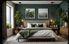 a bedroom with green walls and plants on the nightstands in front of the bed