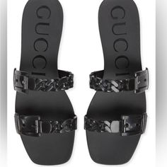 Gucci Teena Slide Sandal, Women Size 36 Black Color, Molded Rubber With Chain-Link Details. Chic Gucci Sandals With Buckle Closure, Gucci Sandals With Buckle Closure For Summer, Chic Gucci Flat Sandals, Black Gucci Open Toe Sandals, Black Gucci Sandals For Summer, Black Chic Gucci Sandals, Chic Black Gucci Sandals, Denim Slides, Pool Sandals