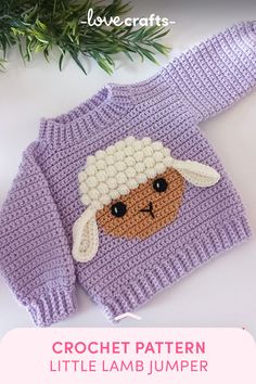 a crocheted sweater with a sheep on it and the words, crochet pattern little lamb jumper