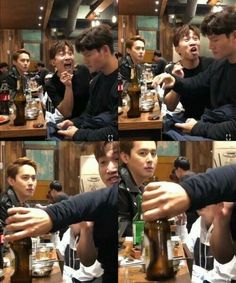 multiple shots of young men sitting at a table with beer bottles in front of them