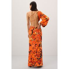 Orange Floral (100% Silk Crepe). Gowns. One Shoulder. Long Sleeve. Back zipper closure. Imported. Orange One-shoulder Floral Print Dress, Orange One-shoulder Dress With Floral Print, Orange One Shoulder Dress With Floral Print, Fitted One-shoulder Orange Maxi Dress, Orange Floral Print Cocktail Dress, Spring Floor-length Dresses With Back Zipper, Shona Joy, Gold Statement Earrings, Rent The Runway