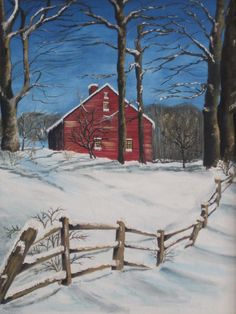 a painting of a red barn on a snowy day with trees and fence in the foreground