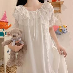 hulianfu Women Lolita Dress Princess Sleepwear White Lace Mesh Fairy Night Dress Victorian Vintage Nightgown Kawaii Nightdress Loungewear Princess Sleepwear, English Winter, Gown Victorian, Fairy Night, Cotton Nighties, Gown Vintage, Cotton Gowns, Cotton Nightgown, Lace Nightgown