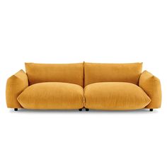 a yellow couch with two pillows on it's back and one arm facing the camera