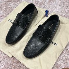 Size 9 1/2 Brand New Never Worn Bought For My Husband He Didn’t Wear Them. Very Nice Looking Shoes. Luxury Black Wingtip Loafers, Black Luxury Wingtip Loafers, Luxury Wingtip Loafers, Luxury Black Leather Shoes, Luxury Slip-on Dress Shoes, Luxury Black Dress Shoes, Designer Black Business Loafers, Louis Vuitton Loafers, Louis Vuitton Shoes