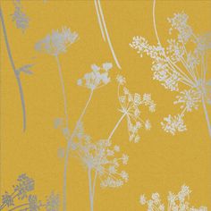 a yellow and grey wallpaper with white flowers on the bottom right hand corner is an image of wildflowers