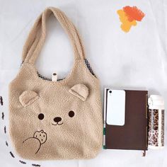 Eating Cookies Bear Embroidery Plush Tote Bag Cute Animal Design Tote Shoulder Bag, Daily Use Animal Design Pouch Shoulder Bag, Cute Embroidered Rectangular Shoulder Bag, Handheld Shoulder Bag With Animal Design For Daily Use, Cute Embroidered Rectangular Bags, Embroidered Beige School Bag, Beige Bags With Animal Design For Everyday Use, Beige Embroidered School Bags, Cute Brown Bag With Animal Design