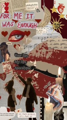 collage of images with words and pictures on them, including a woman holding a lit candle