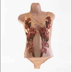 Sheer Bodysuit With Snap Crotch. Floral Appliqu. Av5 Sheer Bodysuit, Chic Tops, Floral Bodysuit, Chic Top, Floral Applique, Womens Tops, Cream, Floral, Women's Top