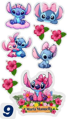 various stickers with different cartoon animals and flowers on them, including the number nine