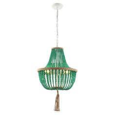 a green chandelier hanging from a ceiling fixture with beads and tassels