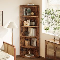 a corner book shelf in the corner of a living room