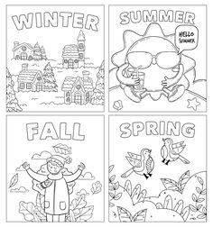 four coloring pages with the words fall and winter