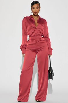 Available In Marsala, Chocolate, And Blue. Satin Pant Set Over Size Shirt Collar Long Sleeve Chest Pocket Button Up Wide Leg Pant Back Elastic Waistband Non-Stretch Inseam: 32 3/4" Self: 100% Polyester Imported | Makenzie Satin Pant Set in Marsala size 1X by Fashion Nova Chic Button-up Solid Pants, Over Size Shirt, Pink Suits Women, Satin Pant, Pant Suits For Women, Chocolate Fashion, Two Piece Pants Set, Satin Pants, Over Size