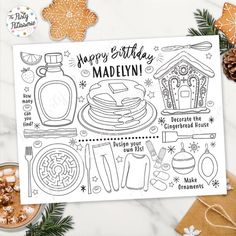 the happy birthday madelyn coloring page is surrounded by christmas decorations and presents on a marble surface