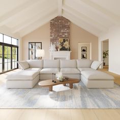 a living room filled with furniture and a fire place in the middle of a room