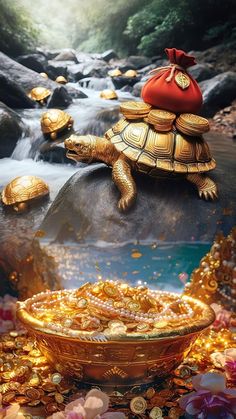 a turtle sitting on top of a rock next to a bowl filled with gold coins