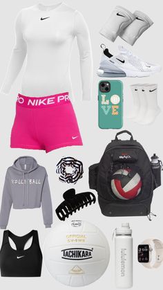 the contents of a woman's athletic outfit including sports gear