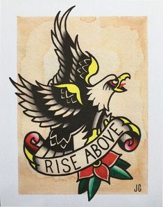 an old school style tattoo design with the word rise above it and an eagle holding a rose