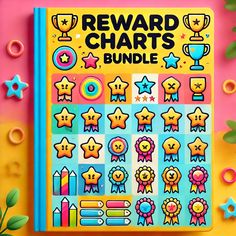 the reward chart book with colorful stickers on it, surrounded by confetti and stars