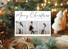 a christmas card with three photos and pine cones