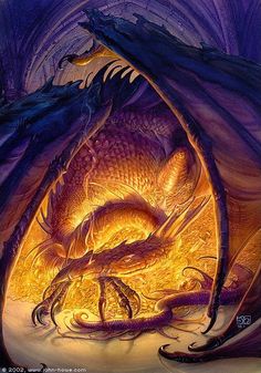 a dragon with its mouth open sitting in the middle of a fire filled cave, looking like it's breathing