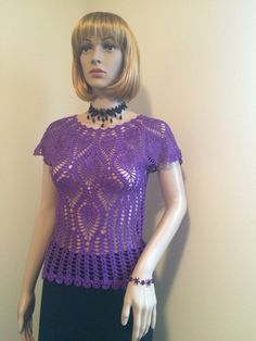 Handmade crochet lace tunic, made from Aunt Lydia`s cotton thread, purple color, size Small. Purple Lace Tops For Spring, Purple Lace Top For Spring, Bohemian Lace Blouse With Crochet Details, Handmade Lace Crochet Dress, Purple Crochet Lace Top For Spring, Purple Fitted Lace Top, Fitted Purple Lace Top, Crochet Lace Top With Short Sleeves, Casual Purple Crochet Top