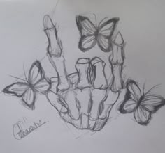 a drawing of a hand with butterflies on it