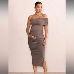 Odelia Mocha Maternity Midi Dress With Assymetric Sleeve And Side Split Club L London Nude Maternity Dress, Baby Shower Dresses Black Women, Maternity Baby Shower Dress, Pregnant Party Dress, Pink Maternity Dress, Maternity Dresses For Baby Shower, Baby Shower Dress, Formal Maternity Dress, Rouched Dress