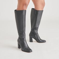 FYNN Wide Calf Boots Onyx Leather | Women's Onyx Knee-High Boots Fall Dressing, Wide Calf Boots, Wide Calf, Wide Boots, Winter Hairstyles, Calf Boots, Boots For Sale, Midi Dresses, Brown Suede