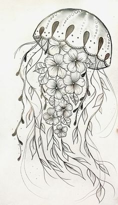 a drawing of a jellyfish with flowers on it