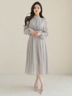 Light Grey Elegant Collar Long Sleeve Fabric Plain A Line Embellished Non-Stretch  Women Clothing Light Grey Outfit, Fluffy Sleeves, Money Dress, Light Grey Dress, Maui Wedding, Dress Guide, Lantern Sleeve Dress, Grey Outfit, Lantern Sleeve