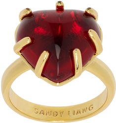 Ring in 14k gold-plated brass. Prong-set crystal in red at face. Supplier color: Gold Gold Treasure, 23 Fashion, Look Expensive, Sandy Liang, Red Gold, Prong Setting, Band Rings, Designer Fashion, Gold Rings