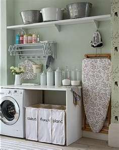 a washer and dryer in a small room with shelves on the wall above it