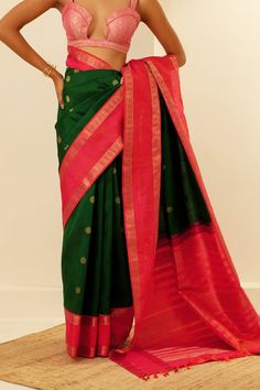 Bottle green silk kanjeevaram saree featuring zari woven floral and peacock motifs, highlighted by contrast coral border. Comes with unstitched blouse fabric. - Aza Fashions Peacock Motifs, Bottle Green, Fashion App, Green Silk, Blouse Fabric, Blouse Piece, Aza Fashion, Pure Silk, Hand Weaving