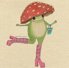 a drawing of a frog with a mushroom hat and leggings holding a blue bag