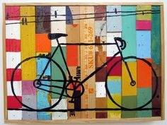 a painting made out of wooden strips with a bicycle on the front and bottom part