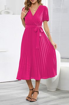 Plain Wrap V Neck Pleated Midi Dress with Sash Sleeves Style, Woman Weaving, Wrap Midi Dress, Plus Size Jumpsuit, Maxi Dress Formal, Pleated Midi Dress, Shoes With Jeans, Maxi Wrap Dress, V Neck Dress