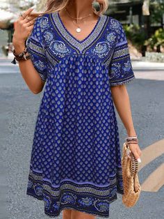 Women's 2024 Sumer Bohemian Dress V-Neck Short Sleeve Tribal Midi Dress Holiday Dress Casual Knee-length Boho Dress With Boho Print, Casual Boho Dress With Boho Print, Knee-length, Casual Knee-length Boho Print Dress, Casual Boho Dress With Knee-length Boho Print, Bohemian V-neck Mini Dress For Beach, Casual Boho Print Knee-length Dress, Printed Non-stretch V-neck Maxi Dress, Non-stretch Printed Midi Dress With V-neck, Non-stretch V-neck Printed Midi Dress