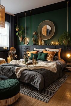 a bedroom decorated in green and gold with lots of pillows on the bed, round lights hanging from the ceiling