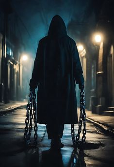 a man in a hooded jacket is walking down the street with chains on his hands