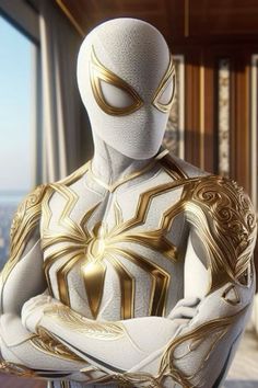 a white and gold suit standing in front of a window with his arms folded out