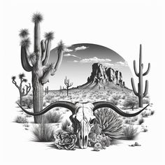 a black and white drawing of a desert scene with cactus trees, mountains, and an animal skull