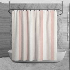 a shower curtain with pink and white stripes on it in front of a bathtub