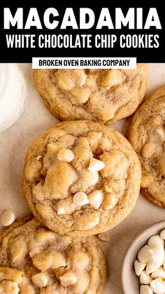 white chocolate chip cookies are stacked on top of each other