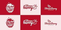 six different logos for strawberry berry, strawberries and other fruit related items in red and white