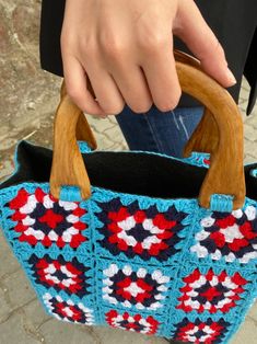 Blue Bohemian Shoulder Bag With Granny Square Details, Bohemian Blue Shoulder Bag With Granny Square Details, Blue Bohemian Shoulder Bag With Granny Square, Rectangular Crochet Bag With Handles For Shopping, Rectangular Crochet Shopping Bag With Handles, Bohemian Blue Crochet Bag With Granny Square, Handmade Blue Crochet Bag For Travel, Blue Crochet Bag With Granny Square For Everyday, Red Rectangular Crochet Bag With Handles